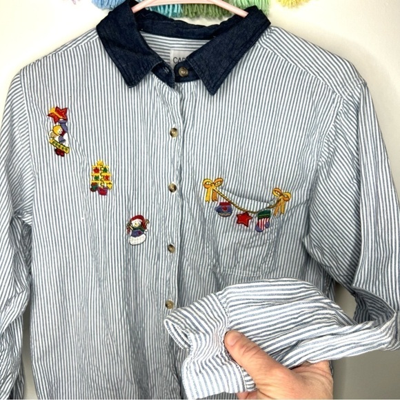 Cabin Creek Seersucker Stripe Button Down Long Sleeve Christmas Shirt Medium P - Picture 7 of 10
